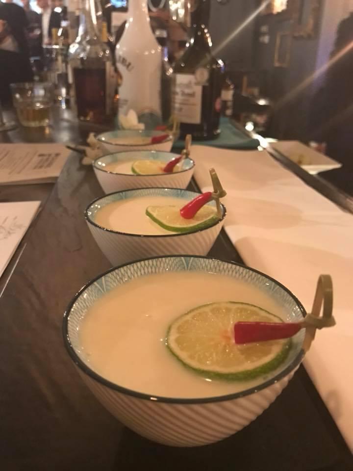 Thai Twist, a Calvados cocktail with sweet red chilli, coriander and lemongrass syrup, lime juice, Malibu and double cream.